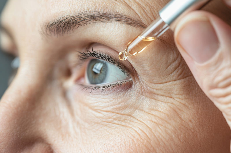 Mature woman applying serum on her face. Caucasian 50s female holding dropper skin care product. Anti Age essential oil with oily pipette. Advertising facial care cosmetics. Health, youth. Drop fluid