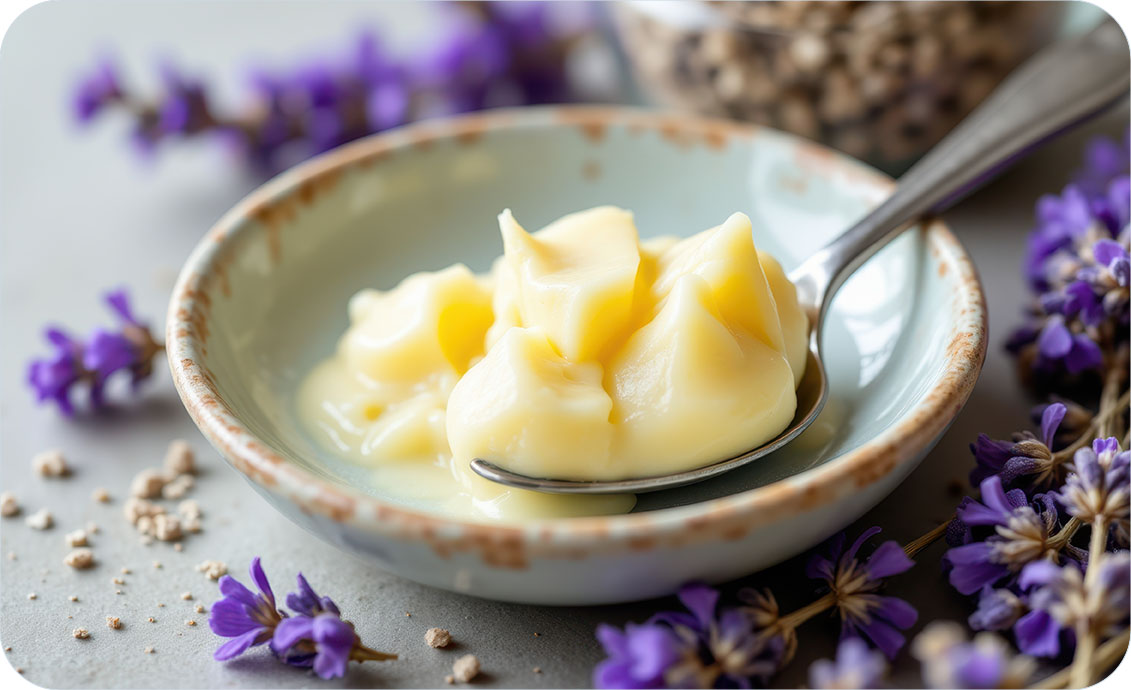 Bowl of whipped beef tallow with lavender flower garnish on wood
