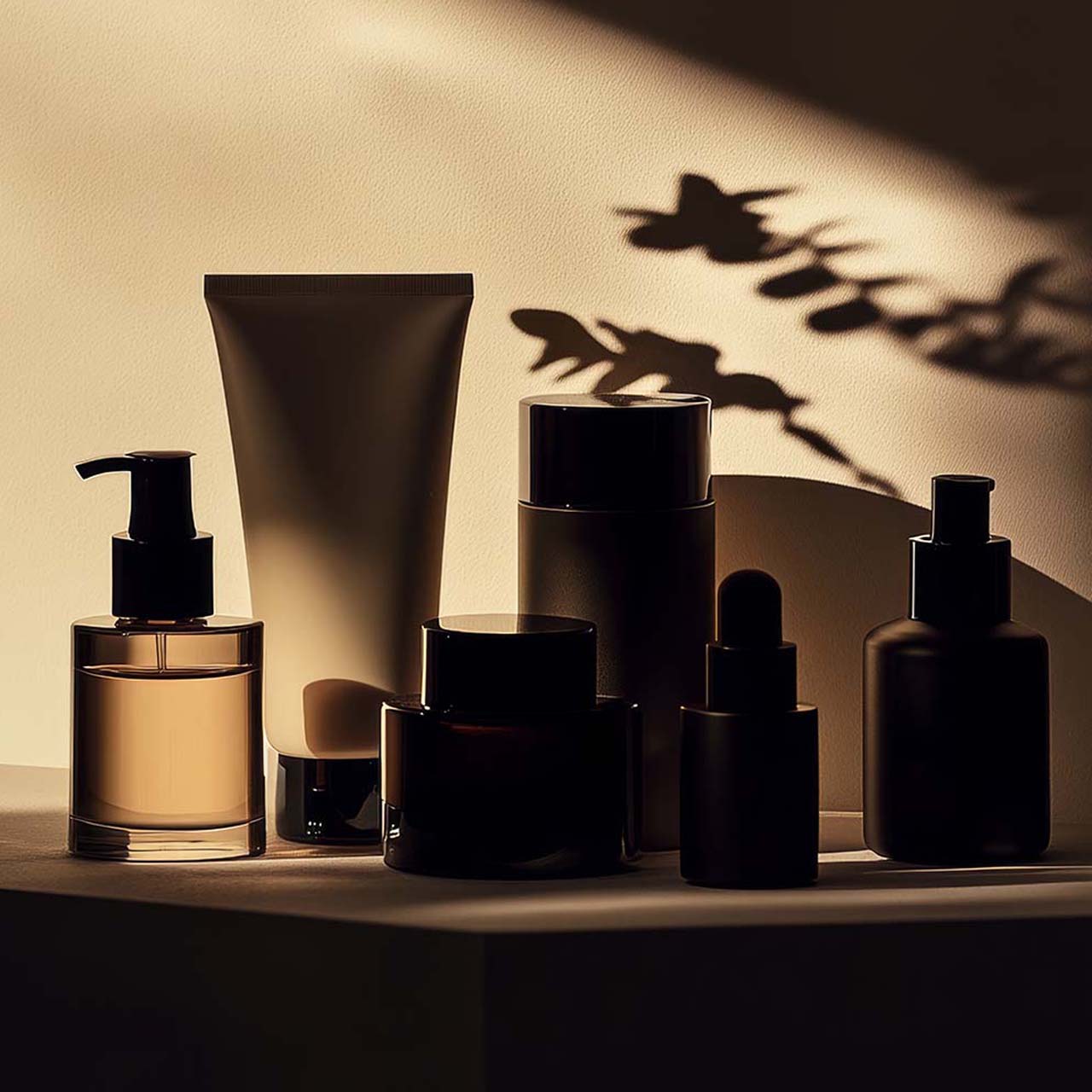 Dark silhouette of skincare products with soft, diffused lighting for glowing edges.