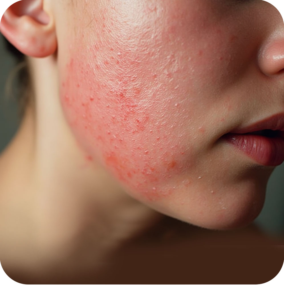 Close-up of irritated red skin showing inflammation and dryness,