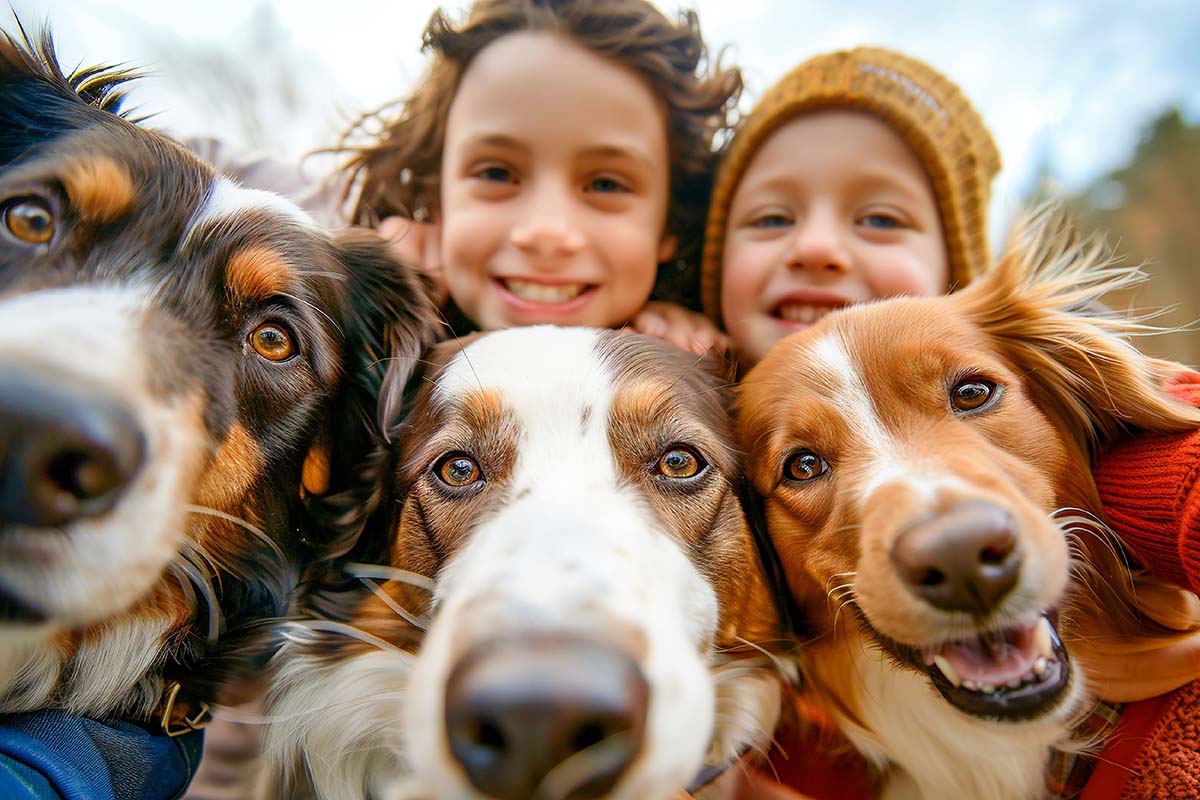 smiling kids and happy dogs pose for a joyful close-up selfie outdoors on a sunny day.