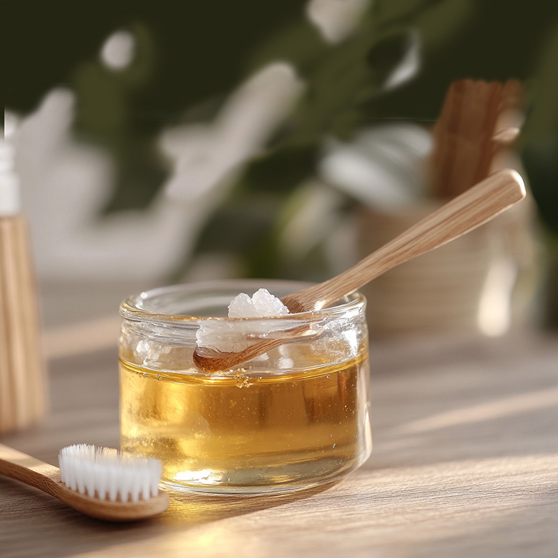 Oil Pulling with Coconut Oil and Wooden Toothbrush