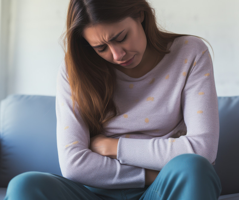 A woman sits on a couch at home, cradling her abdomen in discomfort, vividly portraying the reality of menstrual pain and personal resilience.